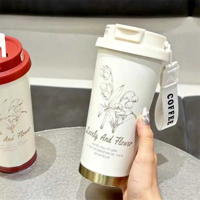 500ml Dual Drink Vacuum Flask with Straw Insated Cup Thermal Water Bottle 316 Stainless Steel Wen Flower Coffee g H251201 W260226