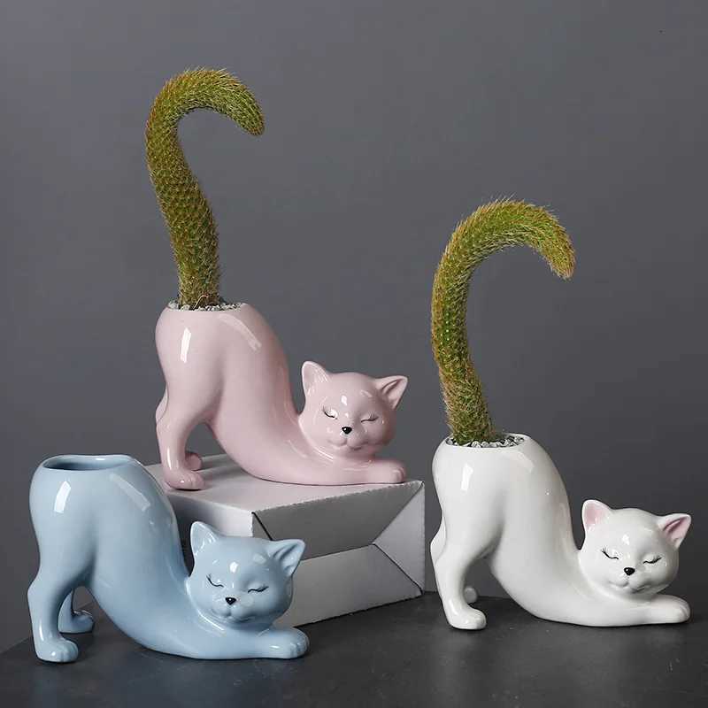 Cartoon Cat Flower Pot Vase Cute Cat Tail Succent Planting Pot Porcelain Flower Vase Flowerpot He Decoration Accessories Y251201