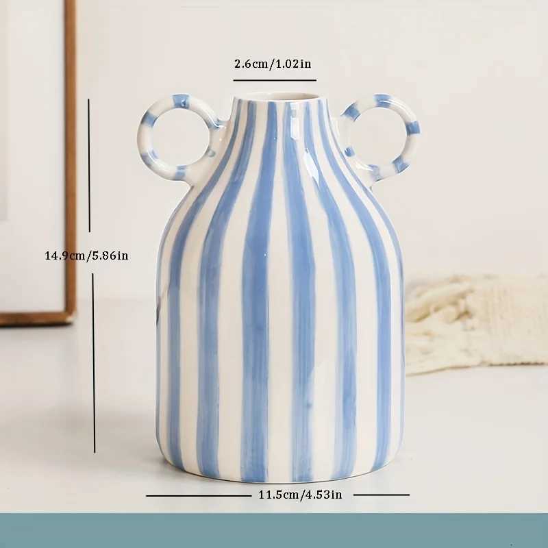 Hand-Painted Ceramic Vase with Dual Handles - Striped Cylinder Design for Living Ro Decor Earthenware Decorative Ornaments Y251201