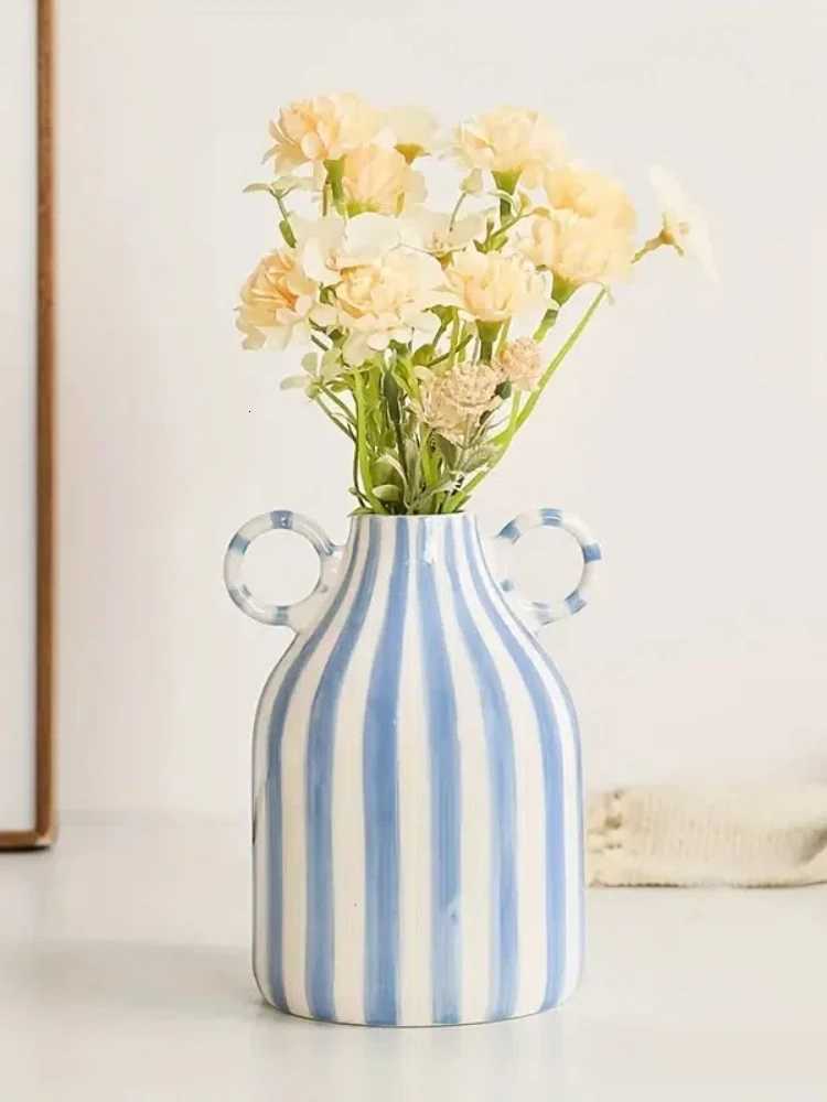 Hand-Painted Ceramic Vase with Dual Handles - Striped Cylinder Design for Living Ro Decor Earthenware Decorative Ornaments Y251201