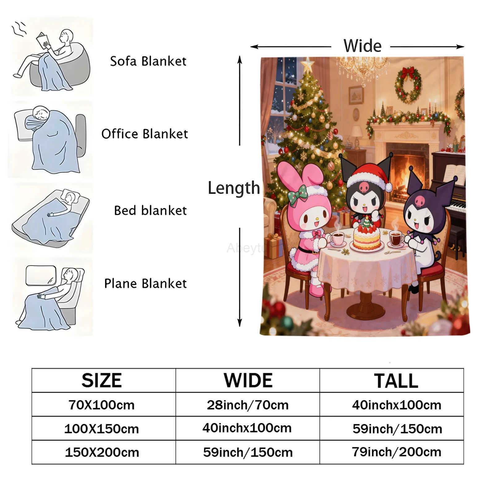 Sanrio Kawaii Kuromi My Melody Christmas Printed Blanket Cartoon Flannel Blanket for Bed Living Room Bedroom Home Travel Picnic H251201
