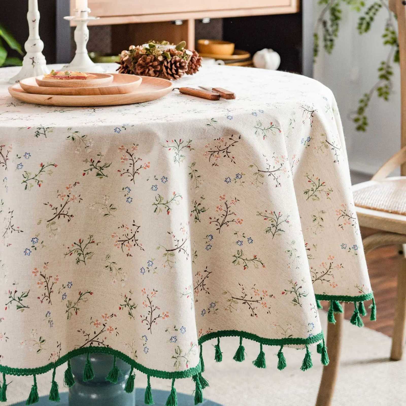 Floral Round Tablecloth Cotton Linen Table Cloth with Tassels for Restaurant Picnic Indoor and Table Cover Home Decoration Y251201