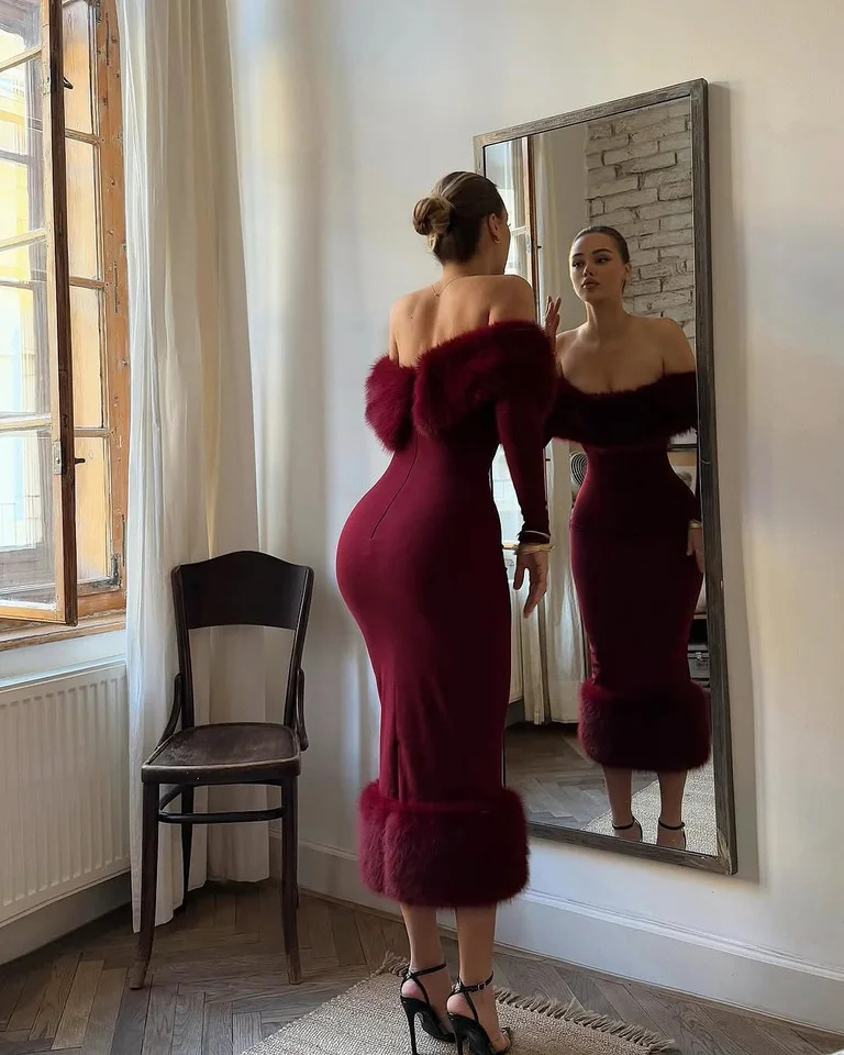 Faux Fur Patchwork Strapless Dres Sexy Offshoulder Full Sleeve Cinchedwaist Slim Gowns Lady Chic Evening Party Dresses 251129