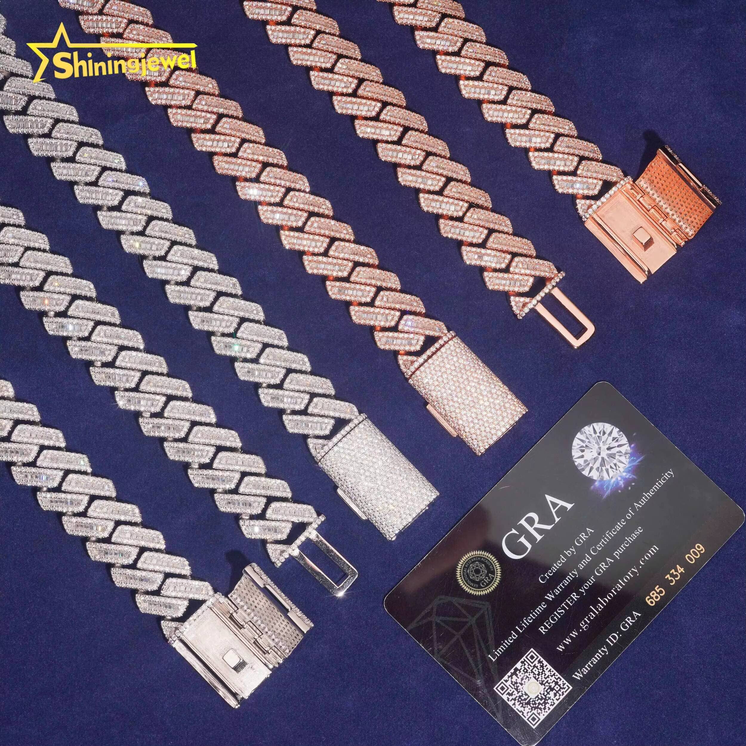 Cuban Link Chain 18mm S925 Rose Gold Plated Pass Diamond Test VVS Baguette Moissanite Diamond Cuban Necklace Men Jewelry