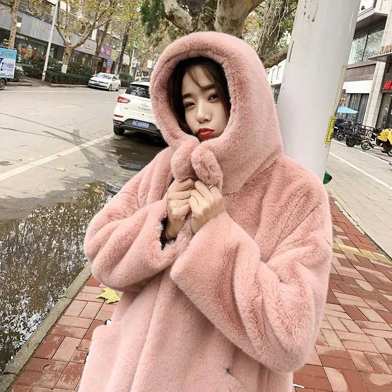 Faux Mink Fur Coats Women Long Solid Fur Jackets Pocket Hooded Long Sleeves Coverd Button Thick Loose Casual 2025 Autumn WinterT251201