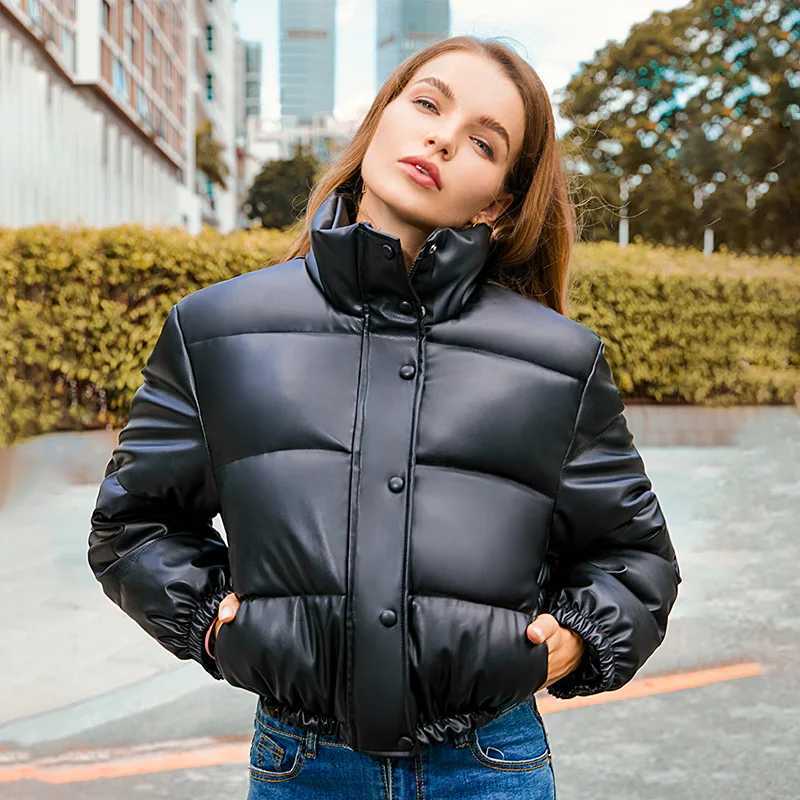 Winter womens thick warm jacket womens fashionable PU leather coat womens standing collar short warm bread jacketT251201