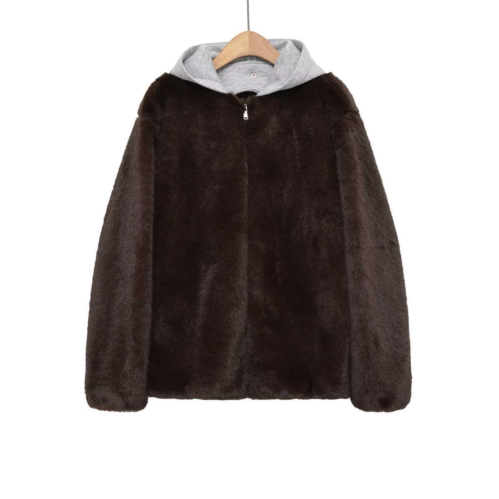 2025 Winter New Fashionable Sweet Loose Splicing Artificial Fur Zipper Hooded Jacket for WomenT251201