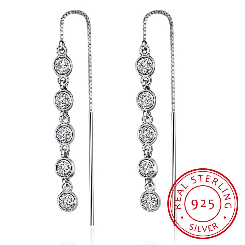 Luxury 925 stamp silver color Geometric Long Tassel Circle Aaa Zirconia Crystal Drop Earrings For Women Sterling Silver Jewelry 251113