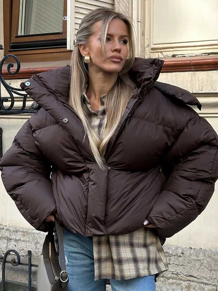 Women Hooded Short Cotton Coat Casual Brown Stand Collar Full Sleeve Loose Jacket Chic Autumn Lady Winter Office Commute OutwearT251201