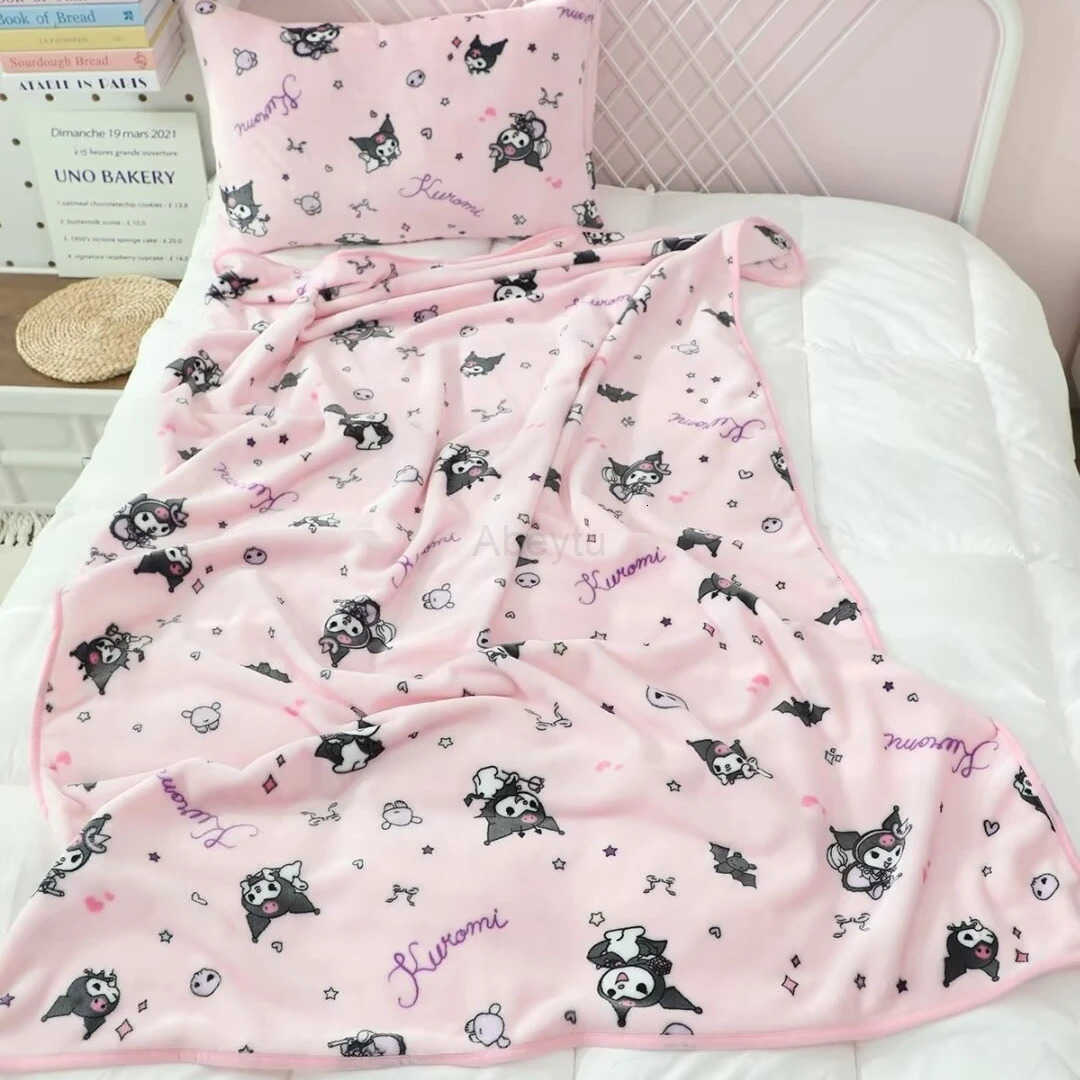 Sanrio Pink Kuromi Blanket Warm Flannel Blanket Pillowcase Comfortable Cartoon Pattern Printing Blanket Bedspread Bedroom Sofa Bed Girl H251201