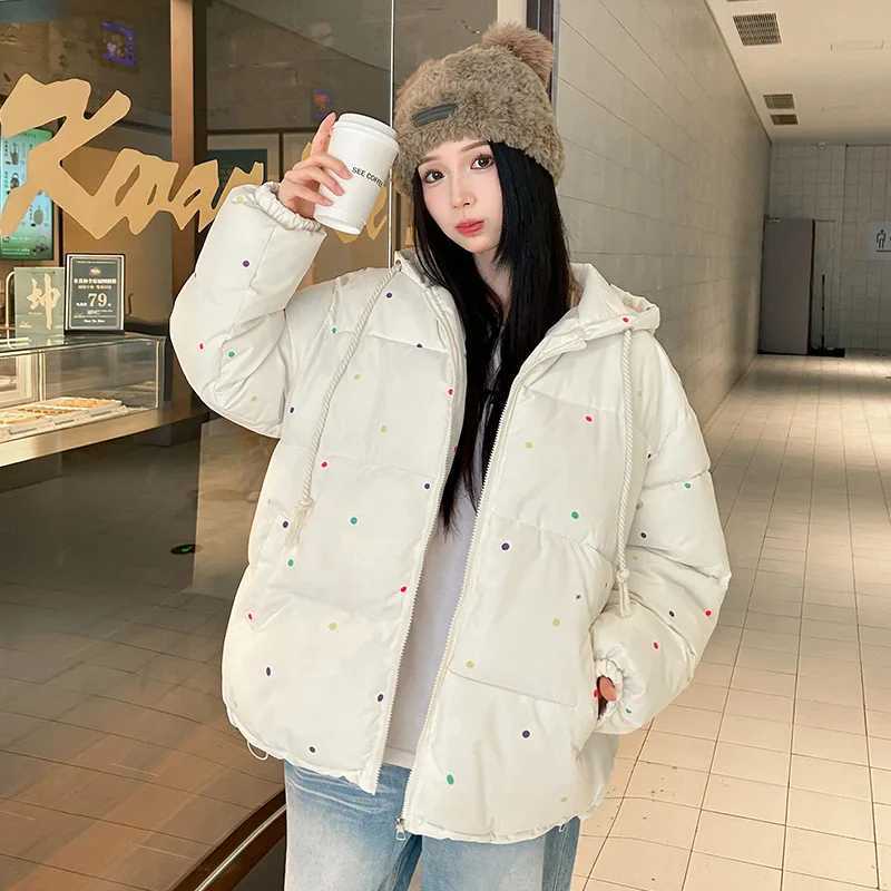 2025 Sweet Colorful Dot Winter Jacket Woman Korean Drawstring Hooded Parkas Women Thicken Warm Puffy Down Cotton Coat MujerT251201