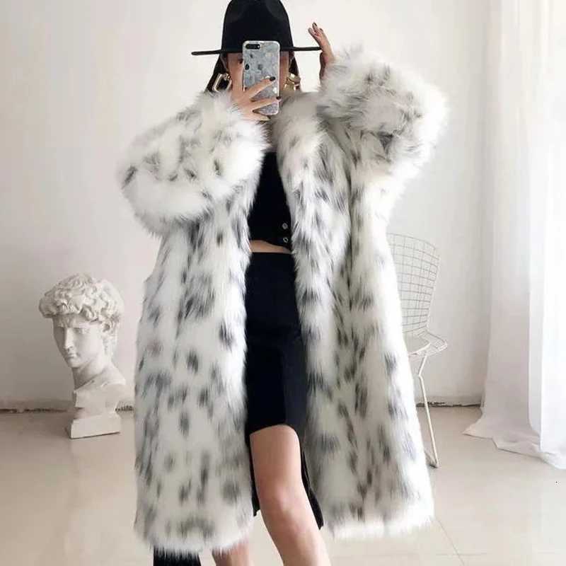 Winter Warm Womens Faux Fur Jacket Korean Long Loose Spotted Fox Fur Coat Outwear Female Parker CoatsT251201