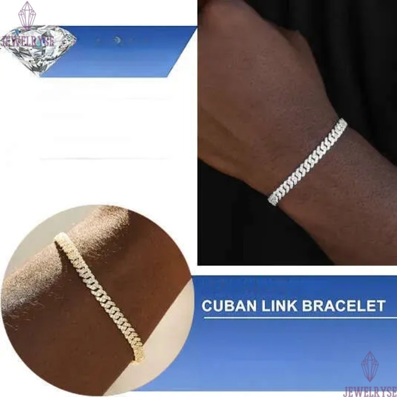 White Gold 925 Sterling Silver VVS Moissanite Diamond Cuban Link Chain Bracelet Iced Out Mossanite Jewelry For Men Womennb