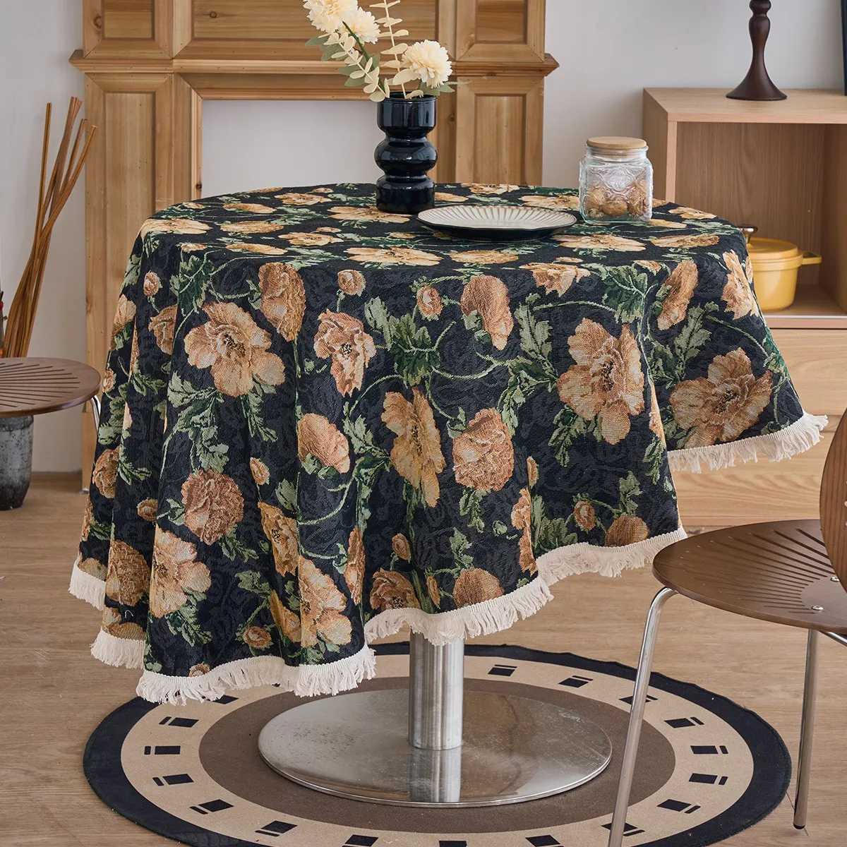 1pc Vintage Oil Painting Floral Round Tassel Jacquard Tablecloth with Tassel Edge Design Suitable for Side Cabinet Y251201
