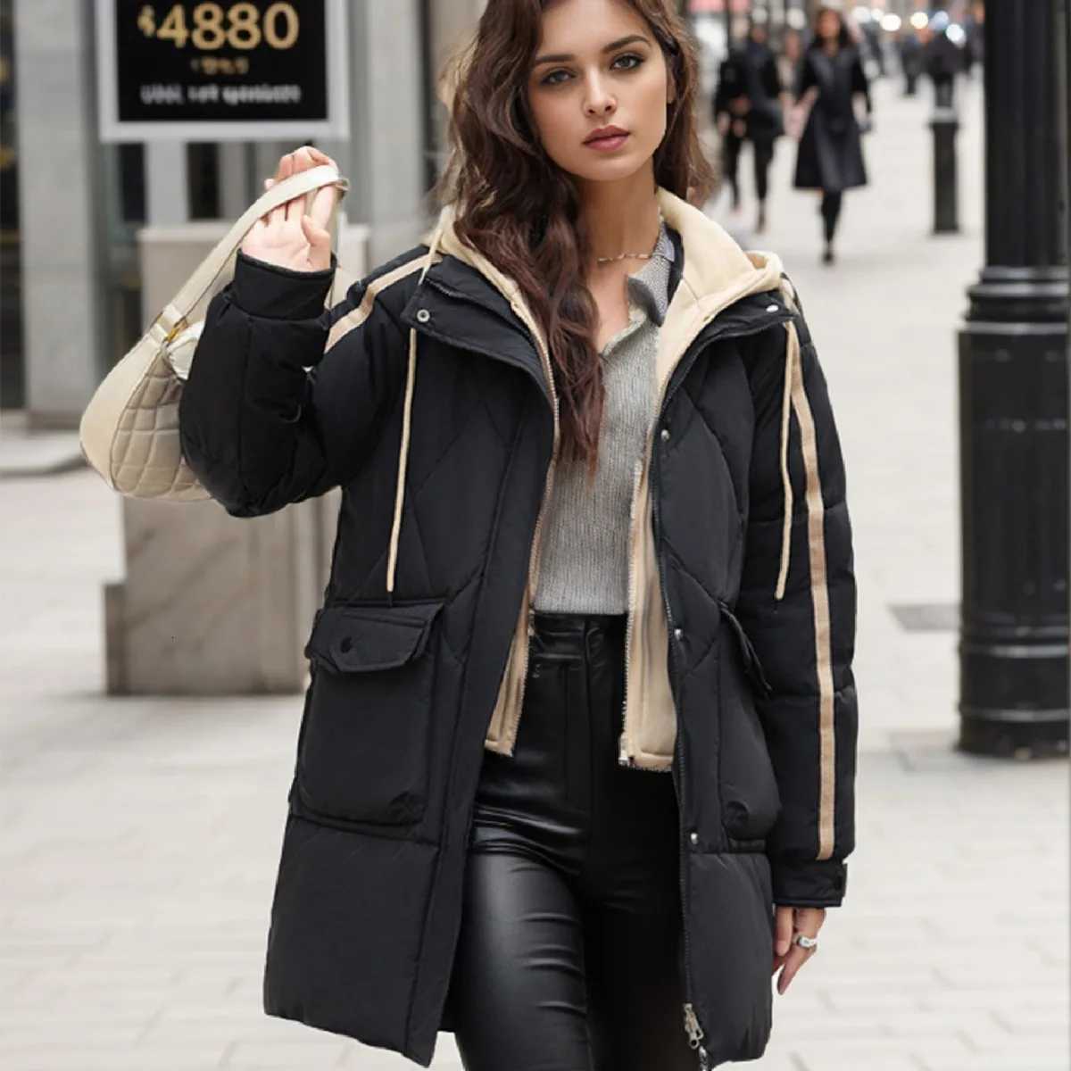 Winter Coats Woman 2025Womens Cotton Jacket Hooded Contrast Thicken Warm Parkas Coats Female 2 Pocket Casual Padded JacketT251201