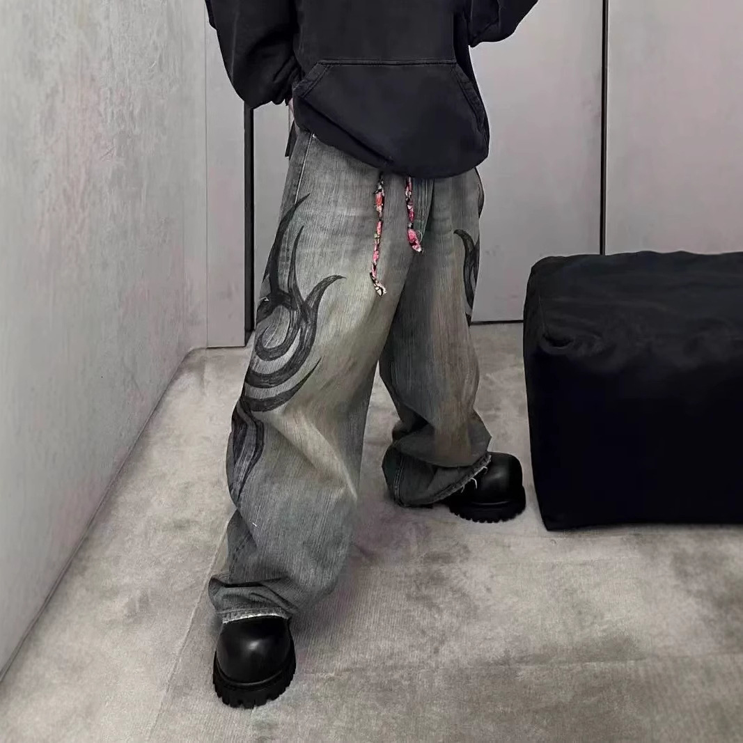 Trendy Harajuku Street Y2K Bone Embroidered Jeans Mens Loose Straight Pants Washed Gray Jeans Mens Summer Hip-hop Trousers 240819