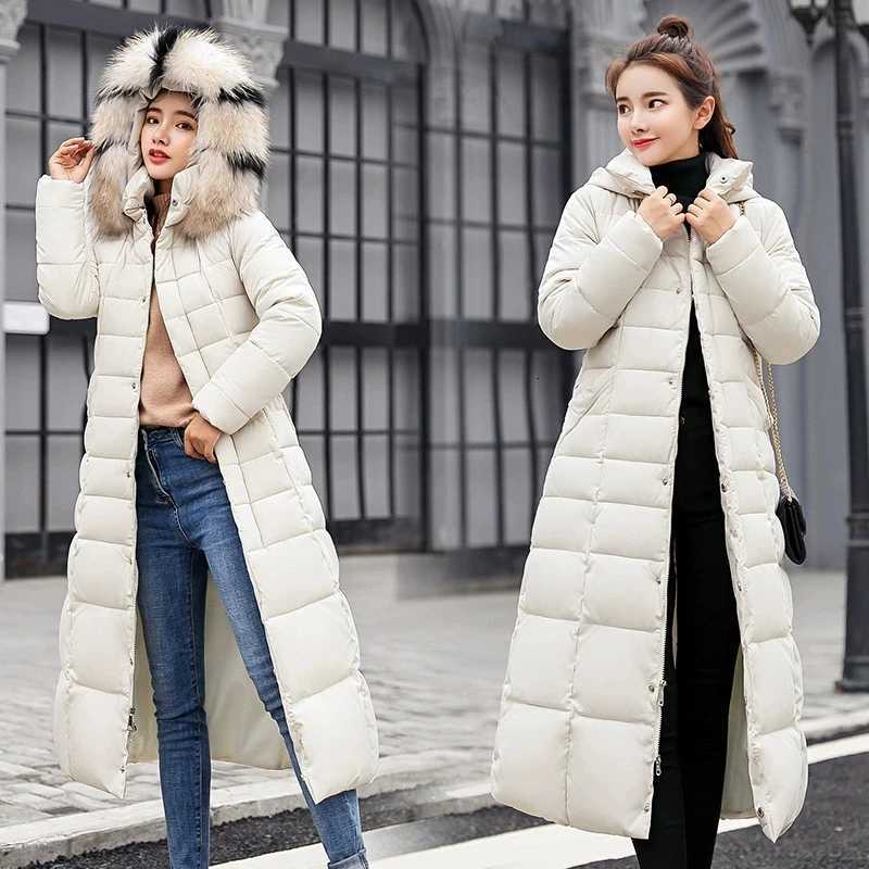 Women Winter Long Cotton Coat 2025 New Women Big Fur Collar Parkas Korean Loose Belt Slim Jacket Down Cotton Coat Women OutwearT251201
