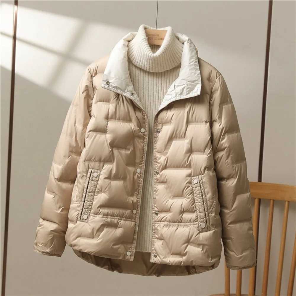 Autumn Winter Women White Duck Down Coat Casual Lapel Single Breasted Jacket Fashion Light Puffer Parka OutwearT251201
