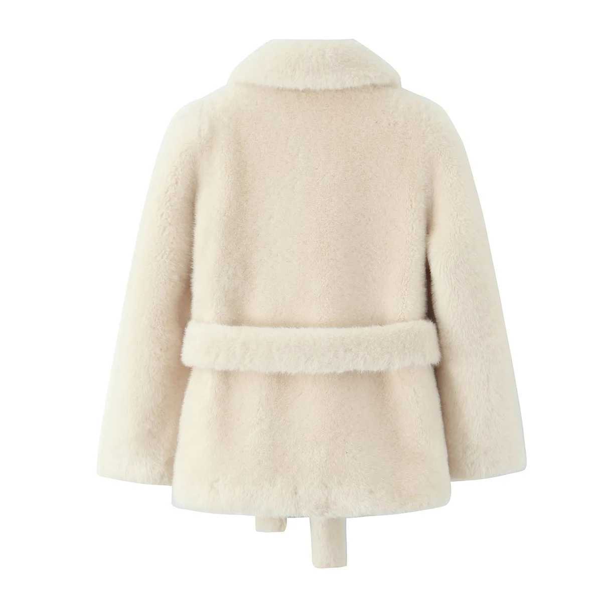 Women Fall Winter Elegant Faux Fur Belt Coat Lapel Beige Warm Fur Short Coat 2025 Fashion High Street Casual Female CoatT251201