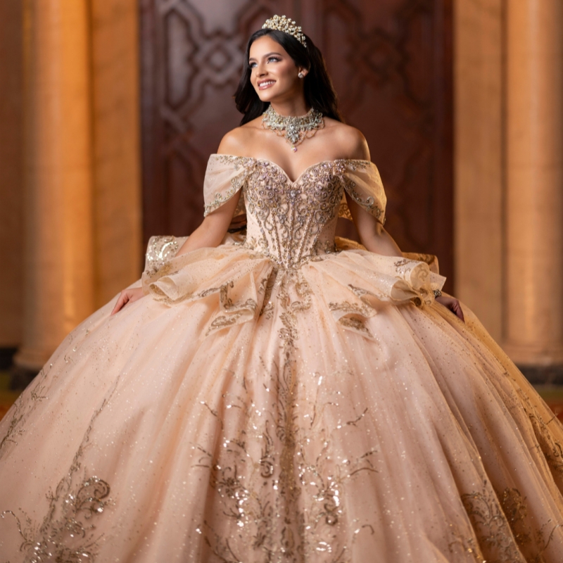 Pink Shiny Quinceanera Dresses Off The Shoulder Gold Applique Lace Beading Crystal Bow Tull Corset Party Birthday Sweet 16 Dress Vestidos 15 De Anos