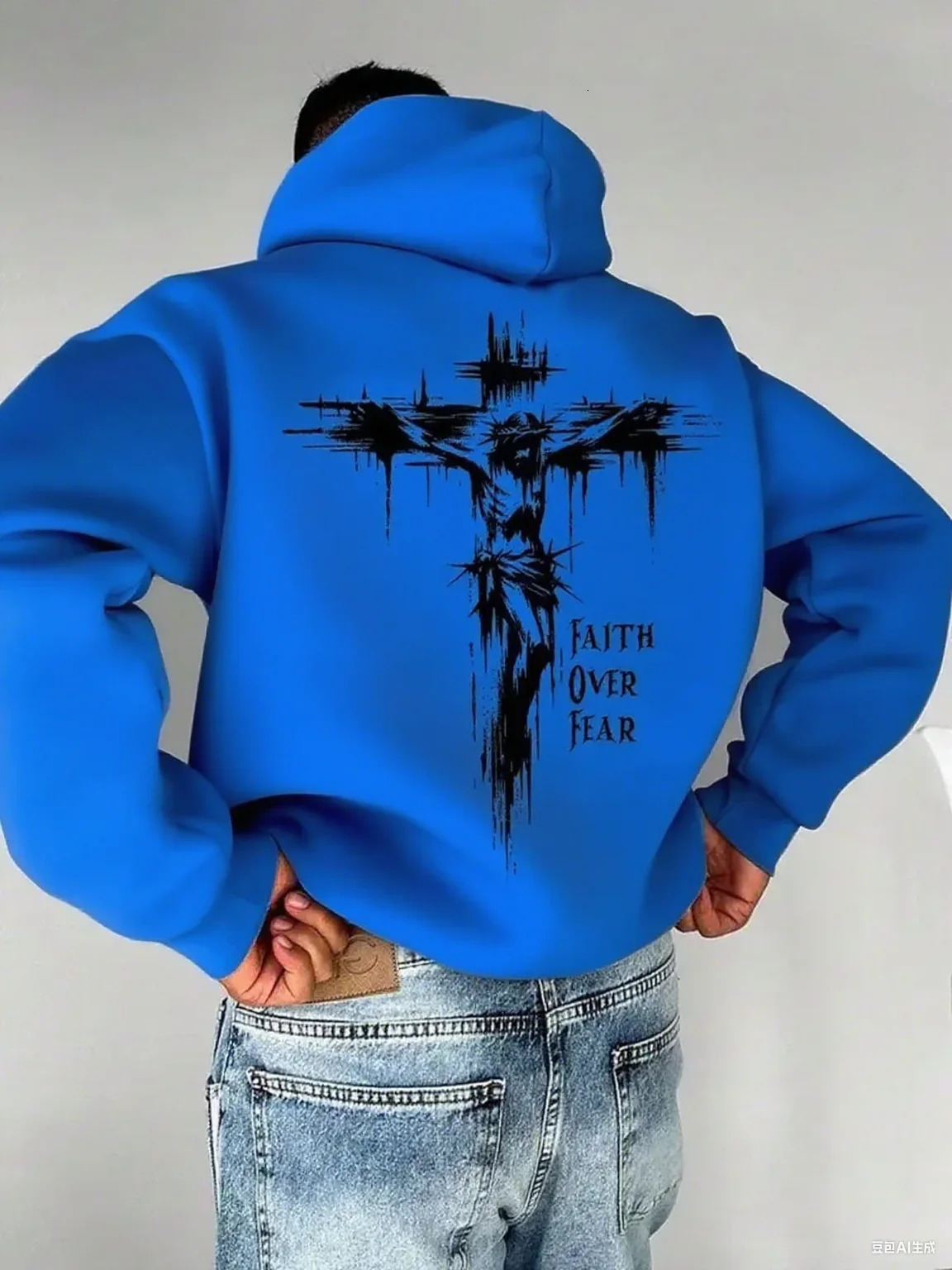 A mens hoodie with the words Christian faith Overcomes fear printed on it features a cross-shaped on the back251129 - view 5