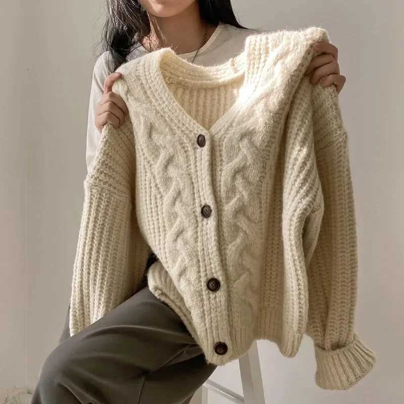 Fashion Winter Warm Long Sleeve Women V-nek Loose Cardigan Sweater Autumn Elegant Solid Color Casual Knitted Top s96 M260306