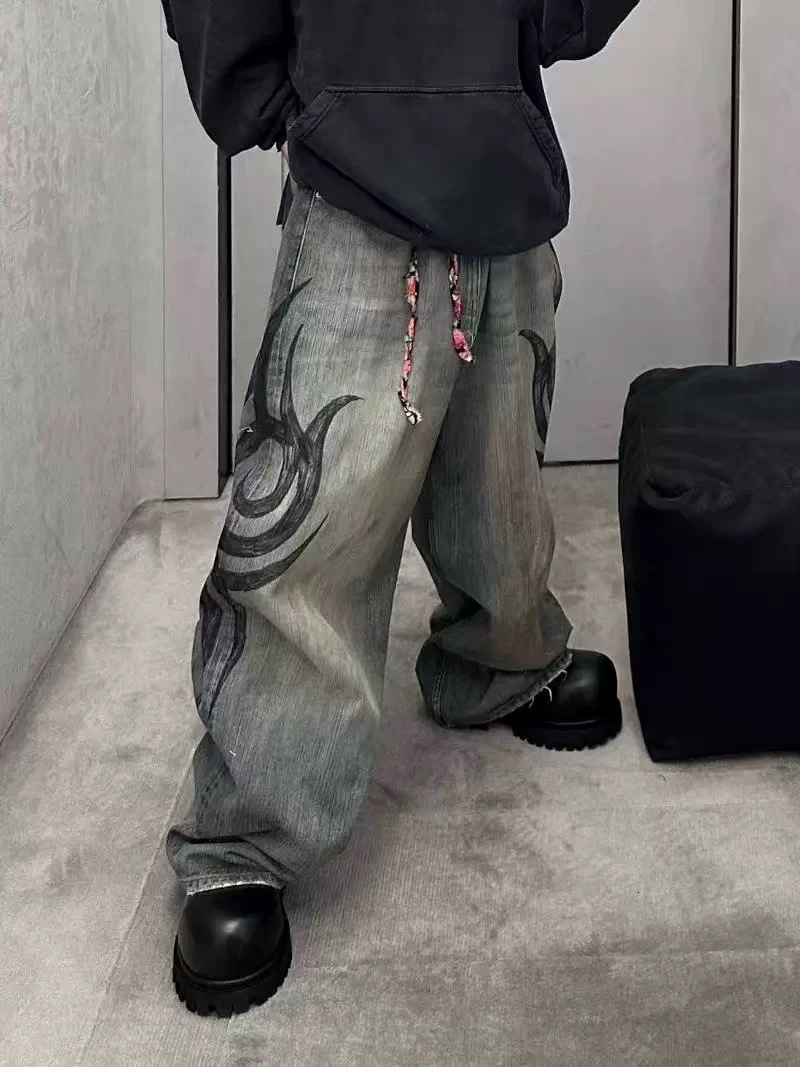 Trendy Harajuku Street Y2K Bone Embroidered Jeans Mens Loose Straight Pants Washed Gray Jeans Mens Summer Hip-hop Trousers 240819