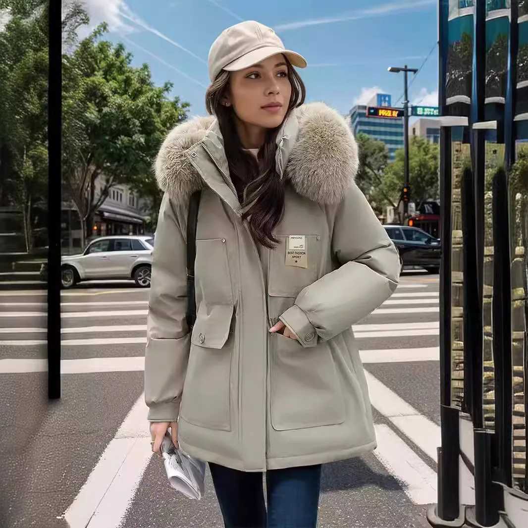 2025 Winter Womens Padded Jacket Female Waist Cinching Slimming Hooded Big Fur Collar With Plush Cotton Jacket Womens ClothingT251201