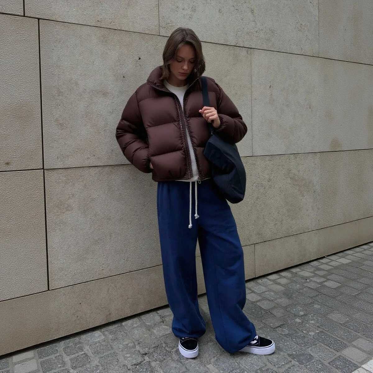 Womens Puffer Cropped Jacket Stand Collar Quilted Fabric Christmas Casual Daily Outfit Winter High Street Fit Warm OuterwearT251201