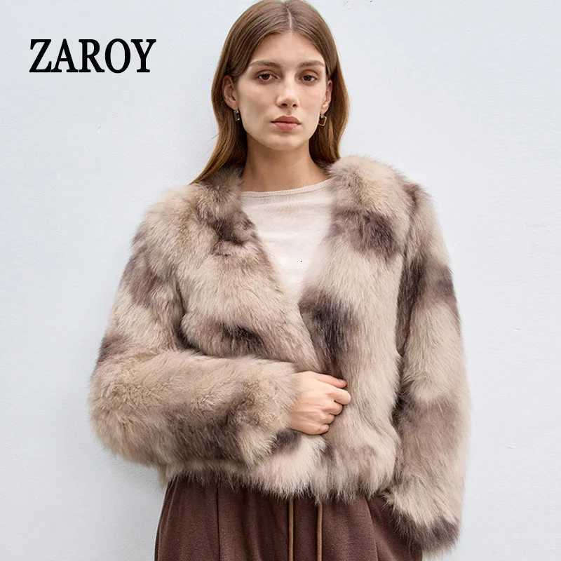 ZAROY Gradient Faux Fur Coat Winter Long Sleeve V Neck Open Stitch Thick Warm Outerwear Fluffy Artificial Fox Fur Jacket T251201
