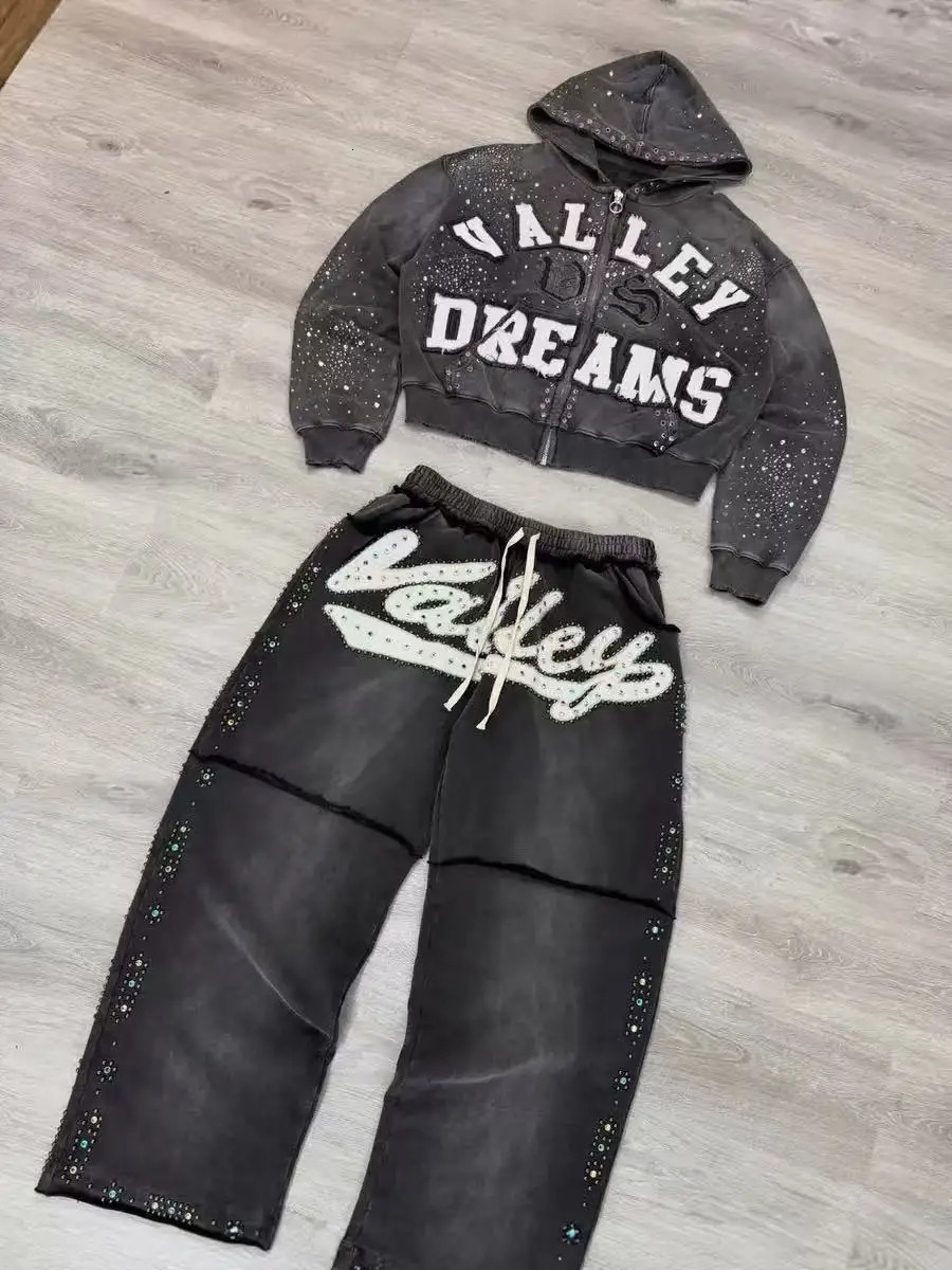 Y2K American Gothic Punk Sportswear Two Piece Set Unisex Hip Hop Rock Patch Print Loose Zip Hoodie Fashion Casual Sweatpants 251129 - view 4