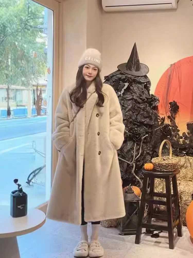 Autumn Winter Imitation Rabbit Fur Thickened Warm Suit Collar Long Coat High Quality Boutique Long Sleeve Double-breasted CoatT251201
