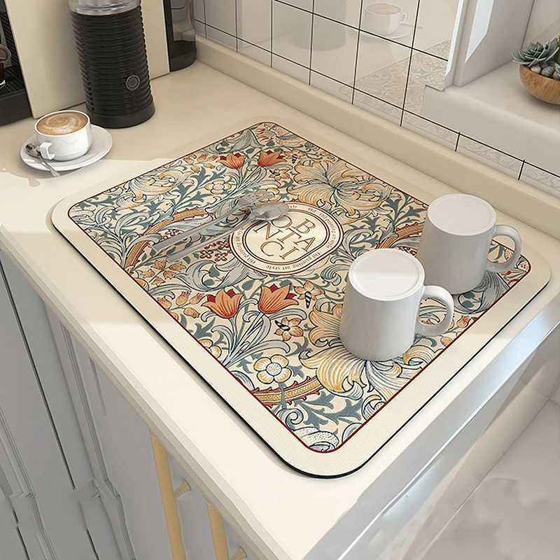Printed Dish Drying Mat Super Absorbent Coffee Drain Pad Tableware Draining Pad Quick Dry Rug Kitchen Dinnerware Placemat Y251201