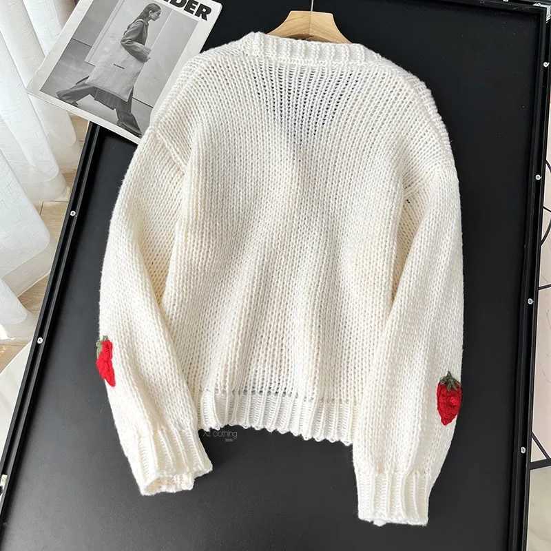 Sweet Strawberry Long Sleeve Loose Cardigans Women Spring Autumn 2026 V Neck Single Breasted Preppy Style Sweater Knitted Tops M260306