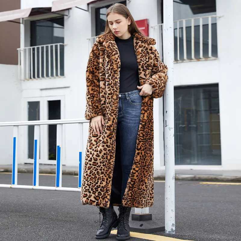Winter Fashion Loose Thicken Outwear Luxury Womens Fluffy Leopard Print Coat Faux Fur Coat Street Full Sleeve Female OvercoatT251201
