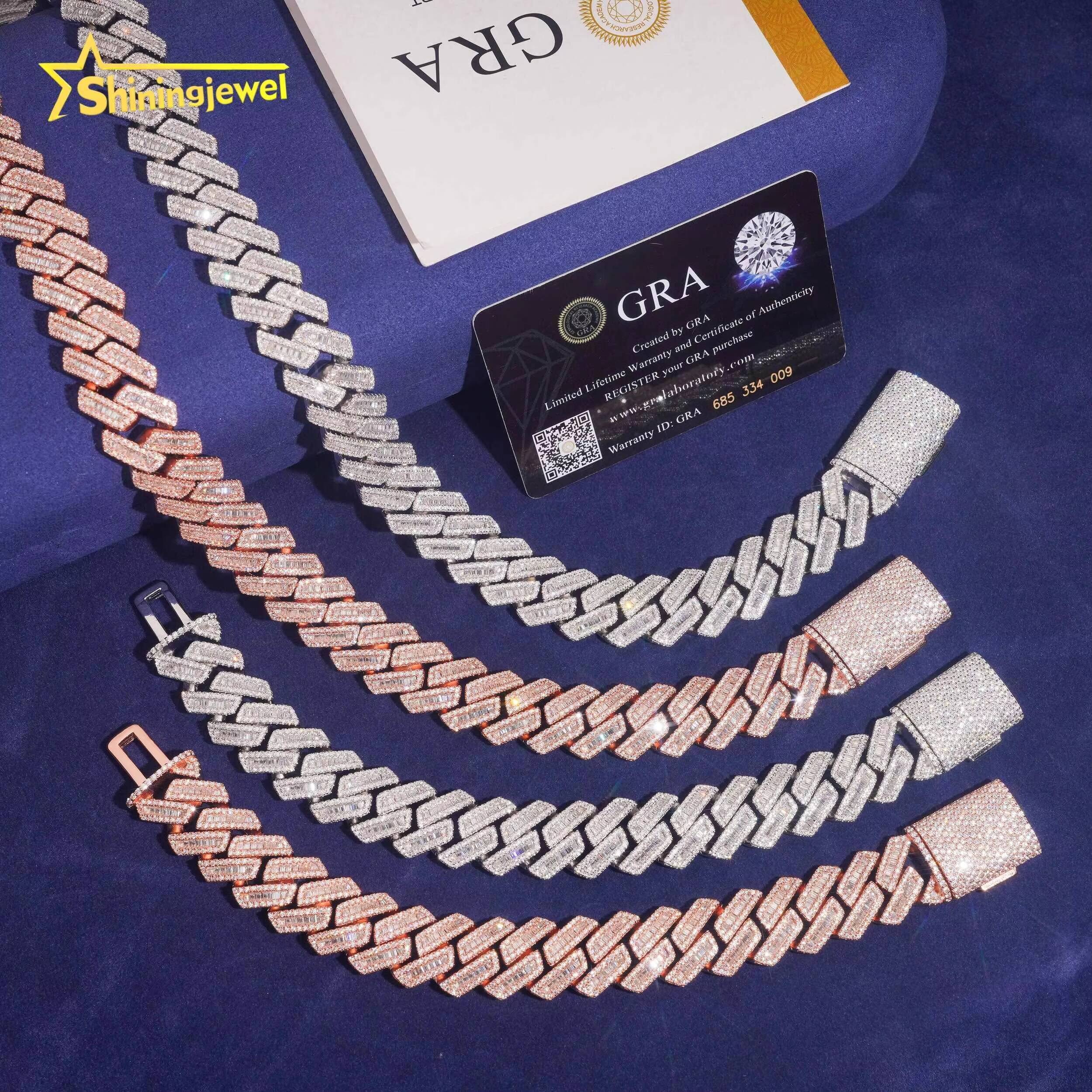 Cuban Link Chain 18mm S925 Rose Gold Plated Pass Diamond Test VVS Baguette Moissanite Diamond Cuban Necklace Men Jewelry