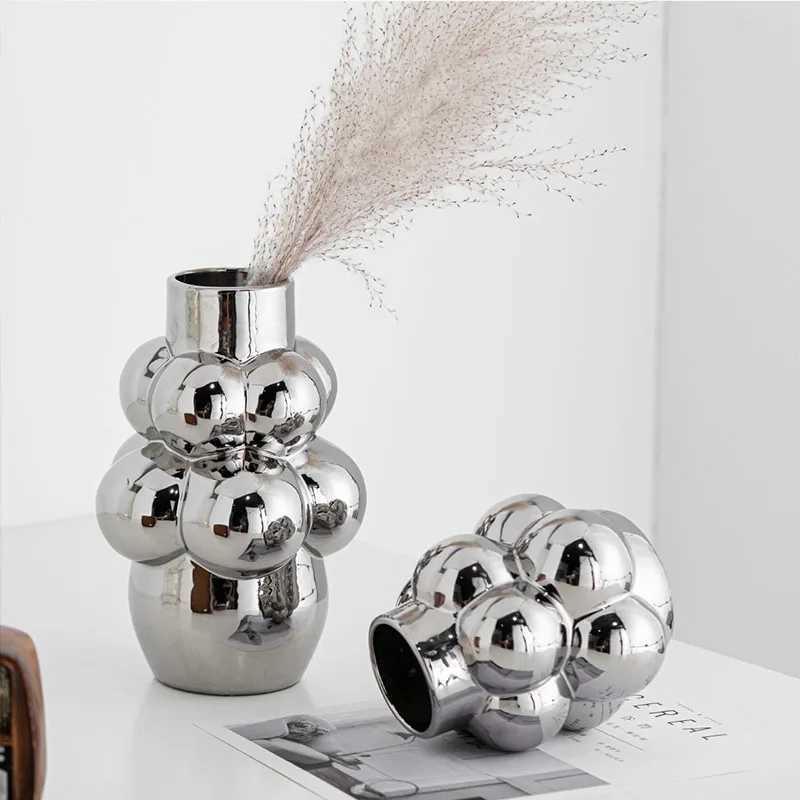 Sliver Bubble Vase Centerpiece Aesthetic Decoration Ceramic Flowerpot Tabletop Wedding Gift Accessories Living Ro as Grass Y251201