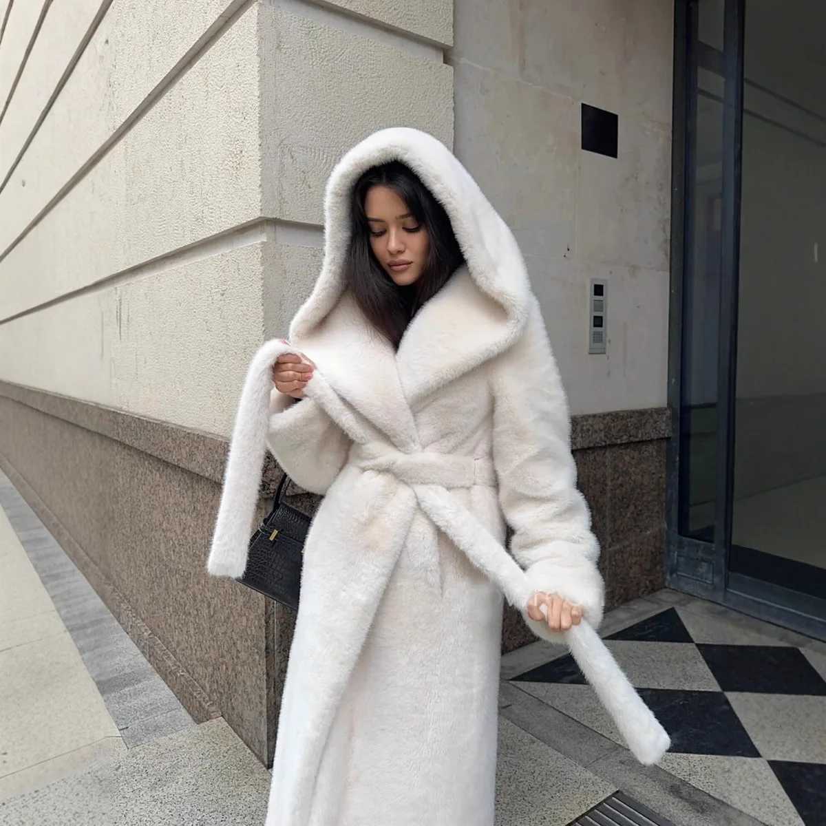 Belted Winter Women Artificial Fur Jacket Thick Cinched Waist Fur Trim Hooded Female Eco Fur Coat Long Warm Lady Faux Fur CoatT251201