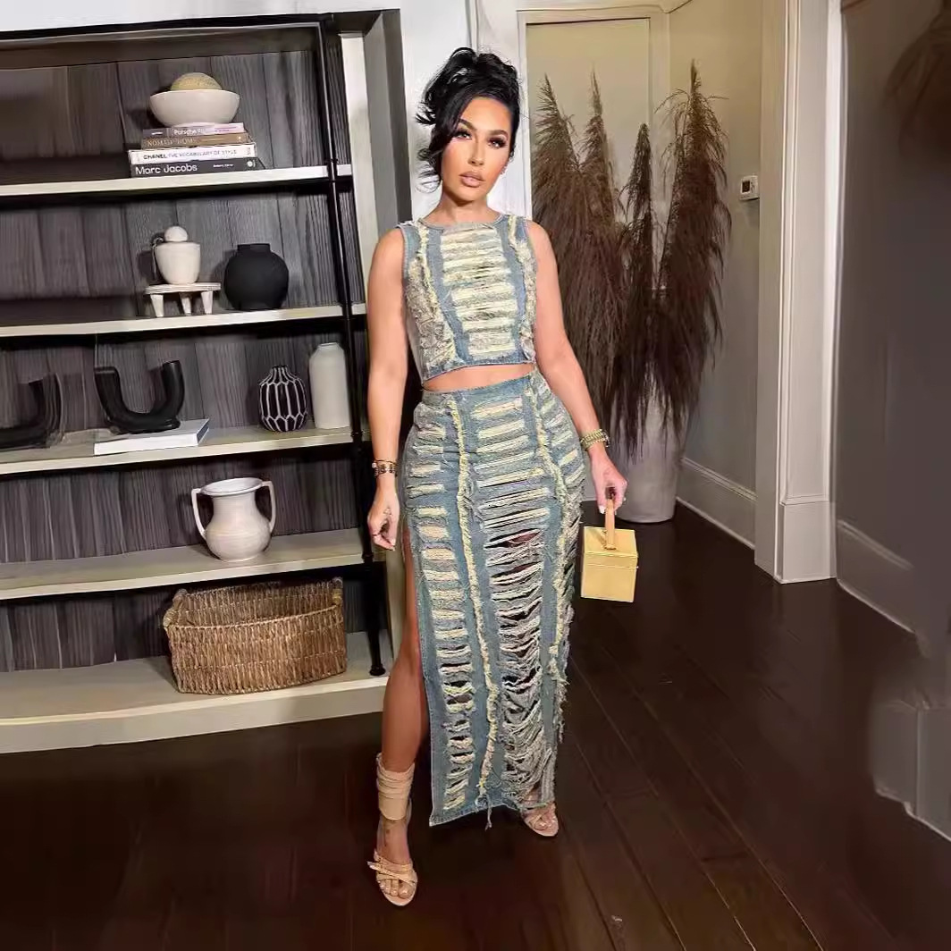 2024 Womens Fashion Trend Handmade Distressed Hollow Sexy Tank Top High Slit Denim Skirt Set 250210