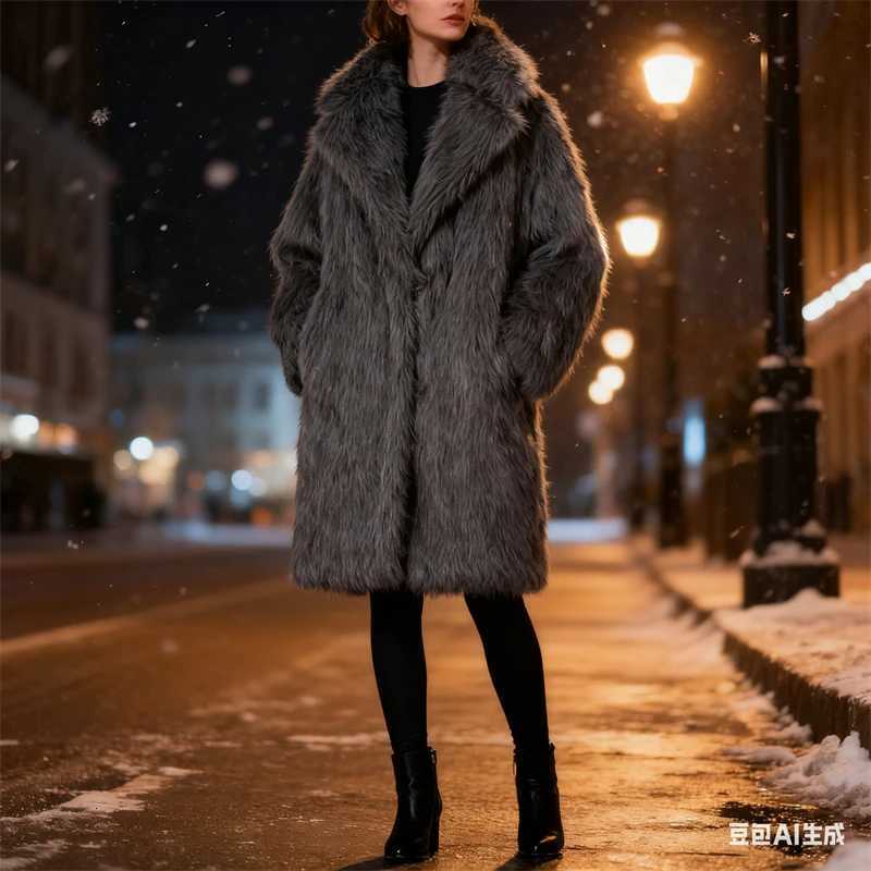 Womens Oversized Faux Fur Long Coat - Soft Fluffy Fabric Lapel Collar Trendy Grey/Black Styles Perfect for WinterT251201