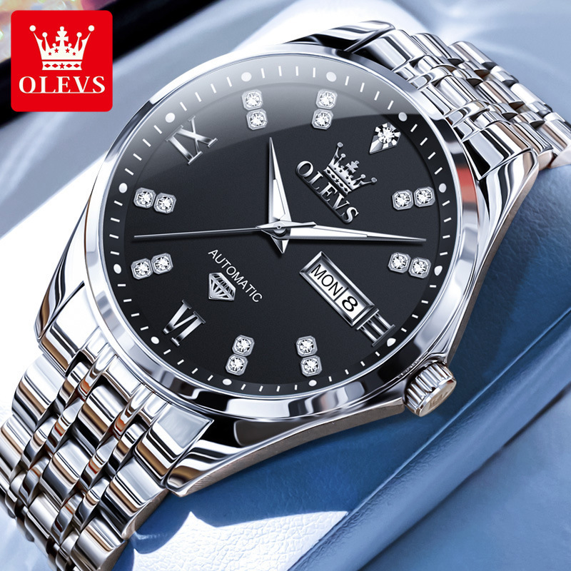OLEVS Designer Outdoor Men's Automatic Mechanical Diamond Waterproof Double Calendar Steel Band Mechanical Business Watch Free Shipping Wholesale