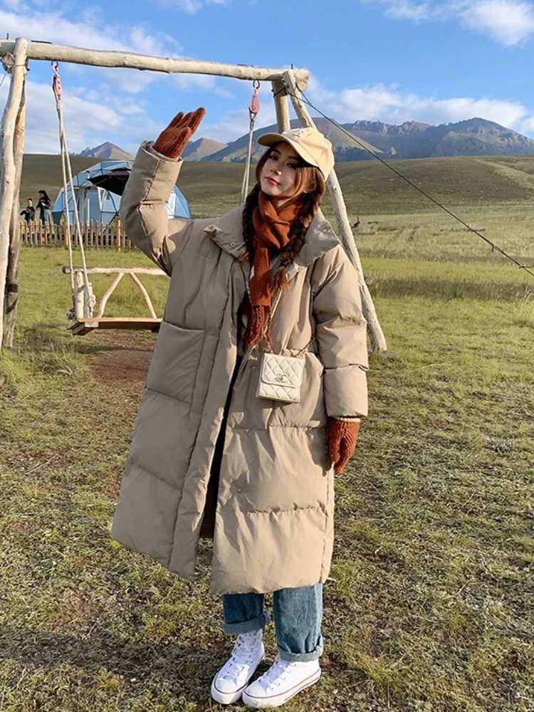 Women Casual Cotton Coat Korean-style Thicken Warm Long Jacket Long Sleeve Loose Parkas Autumn Winter Button Pocket Office CoatT251201