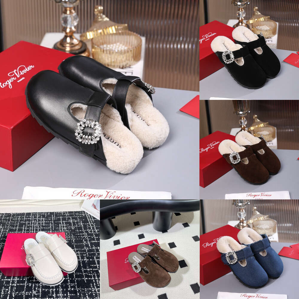 Womans Slidy Viv Rhinestone square buckle Scuffs fur suede Leather loafer Mules clog Slides Booties beach Luxury Tazz comfort RV Sandals Designer Plush Flat Slipper