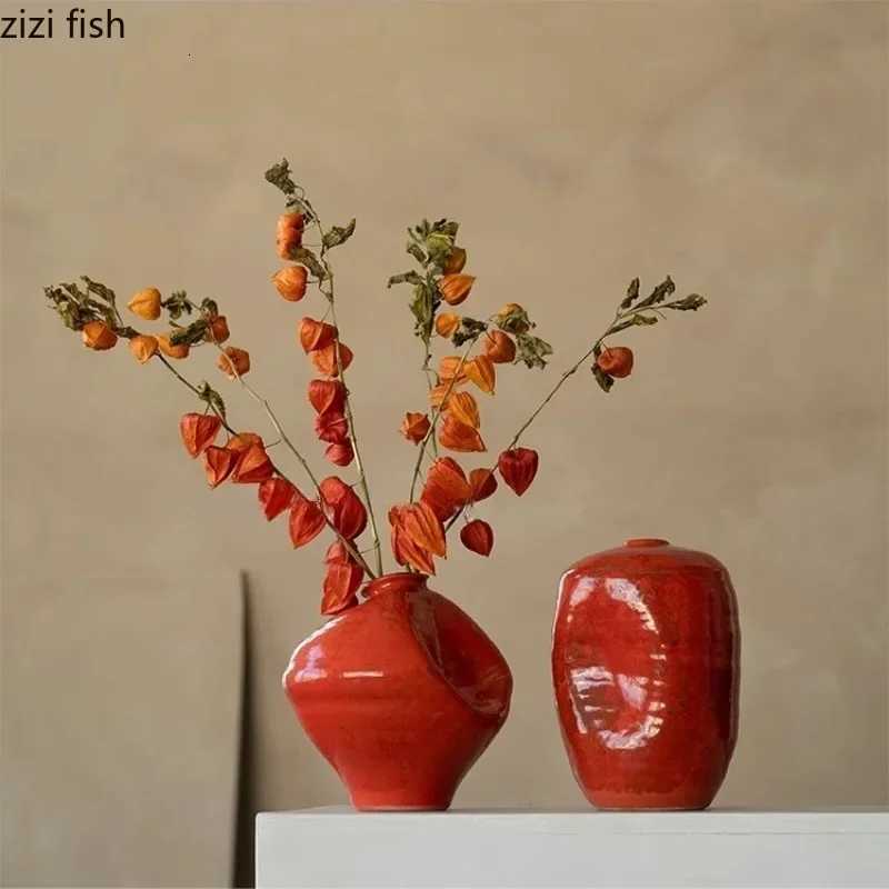 Red Gla Ceramic Vase Irregar Flower Arrangement Vese Hydroponic Vase Desktop Artistic Flower Ware Dried Flower Vases Y251201