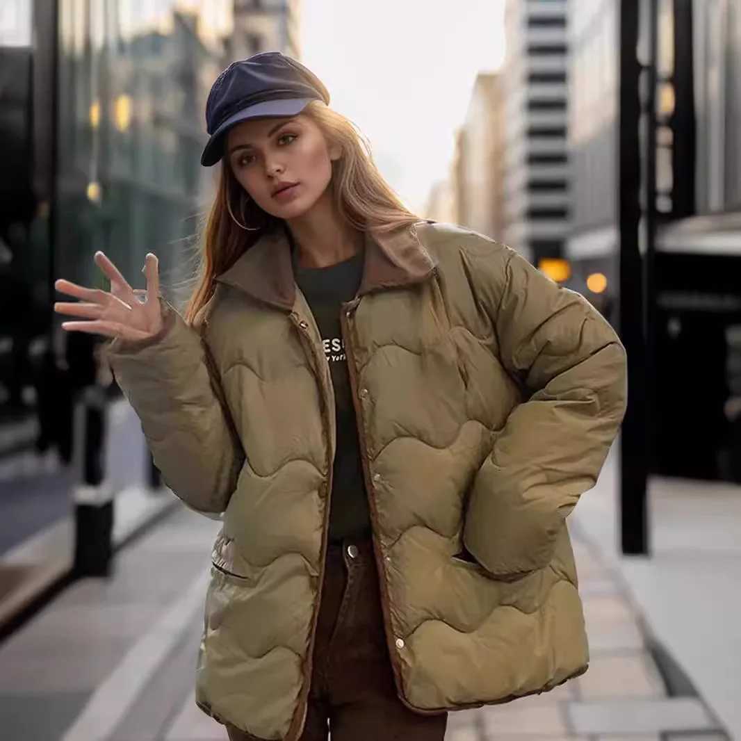Womens Winter Jacket 2025 Winter Female Lapel Contrast Cotton Jacket Womens Single Breasted Casual Loose Thicken Warm ParkasT251201
