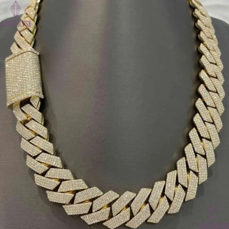 Hip Hop Inspired Sterling Silver Cuban Chain with Diamond Cut Stones for Men