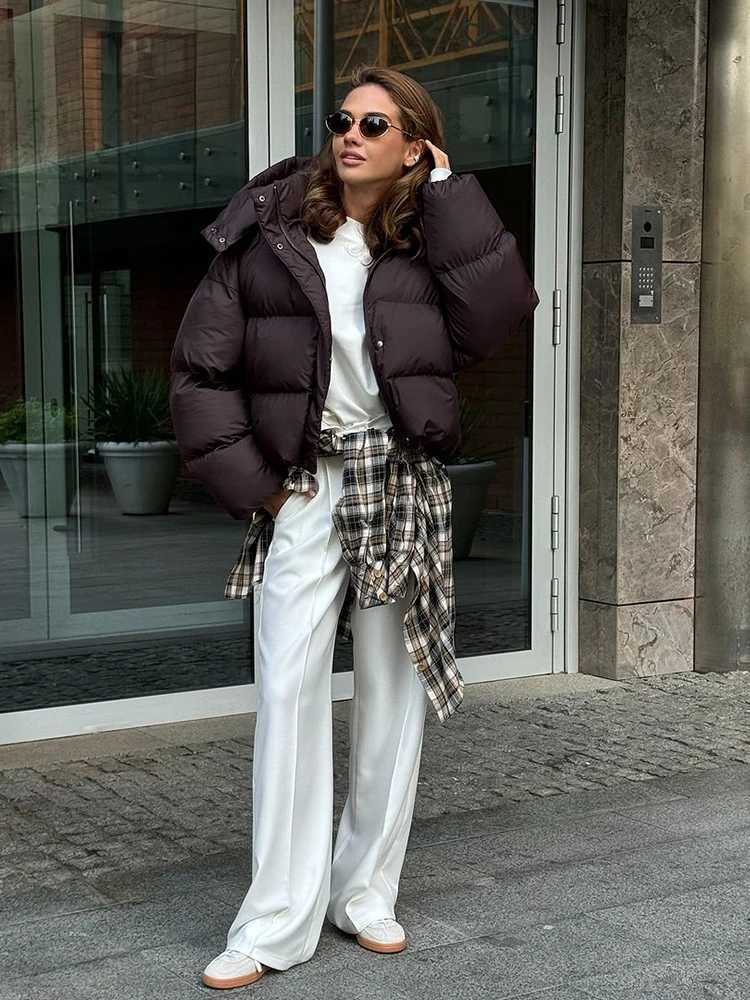 Women Hooded Short Cotton Coat Casual Brown Stand Collar Full Sleeve Loose Jacket Chic Autumn Lady Winter Office Commute OutwearT251201