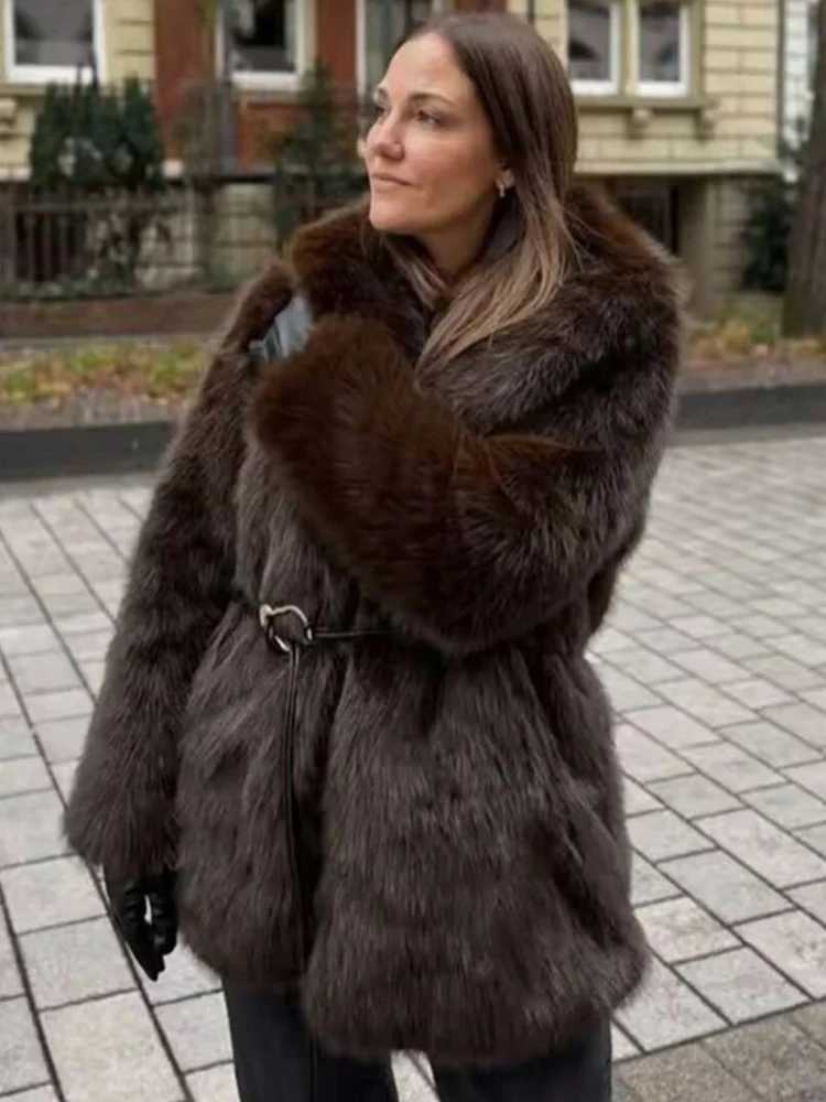 Womens Lapel Faux Fur Coat With Belt Winter Fashion Elegant Long Sleeve Thicken Warm Jackets Casual Female Street OuterwearT251201