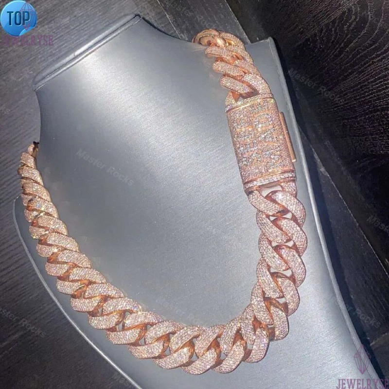 Rose Gold 24mm 5 Rows Vvs Moissanite Diamonds Pass tester Sterling Silver Miami Cuban Chain Moissanite