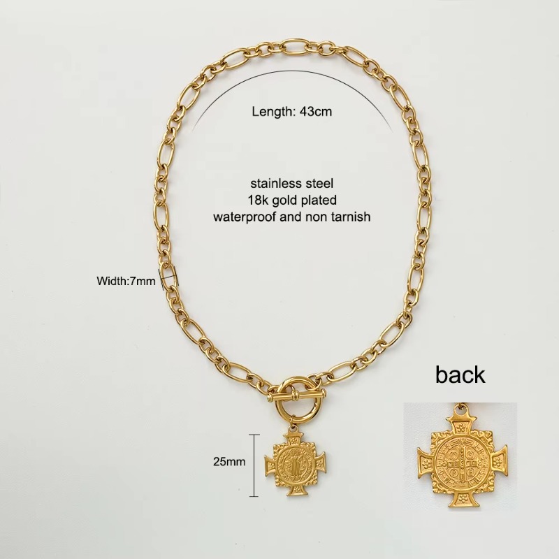 Jewellery Tarnish Free 18K Gold Plated Stainless Steel Oval Link Chain OT Clasp Cross Pendant Choker Necklace for Special Occasions Textured Symbolic 